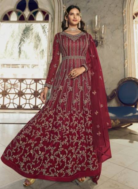 Maroon Colour Swagat Voilet New Latest Designer Party Wear Butterfly Net Long Anarkali Suit Collection 5403
